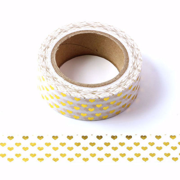 White and Gold Foil Love Hearts Decorative Washi Tape 15mm x 10m