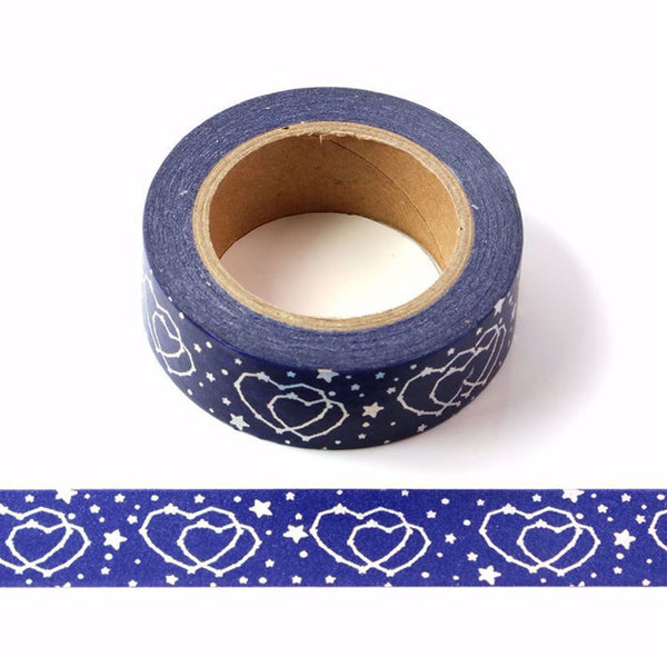 Blue With Silver Holographic Foil Double Hearts Washi Tape Decorative