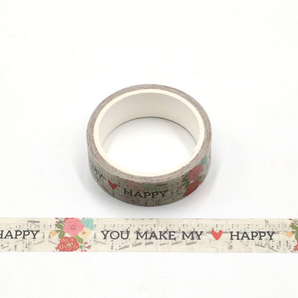 Love, Flowers and Music Print Decorative Washi Tape 15mm x 5m