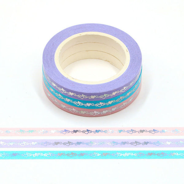 3 Rolls Love Heart Skinny 5mm Washi Tape Holographic Silver Foil Embossing