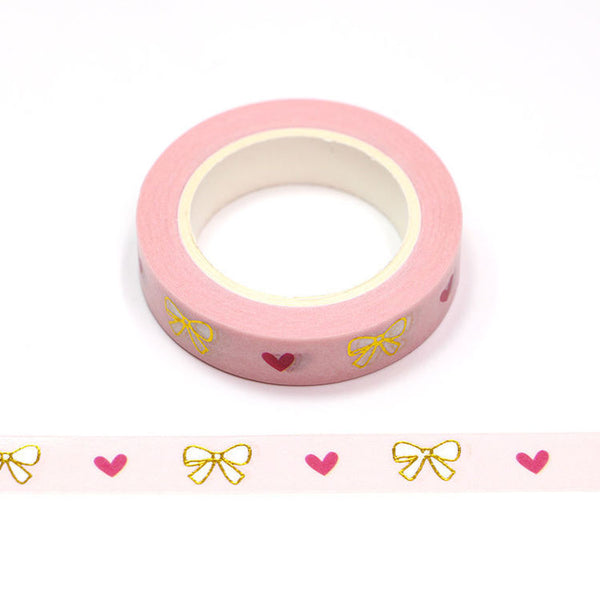 Gold Foil Embossed Bows With Pink Hearts Love Washi Tape 10mm x 10m