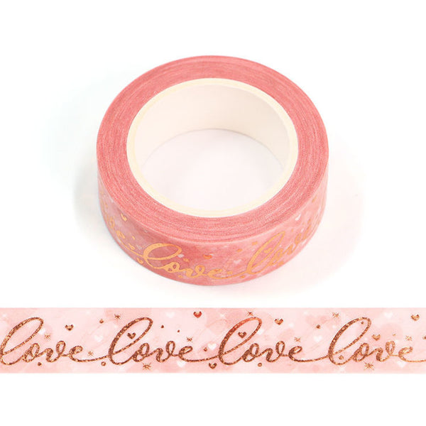 Pink and Rose Gold Love and Hearts Washi Tape 15mm x 10m