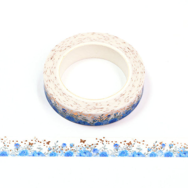 Blue Rose and Gold Butterfly Foil Floral Washi Tape 10mm x 10m