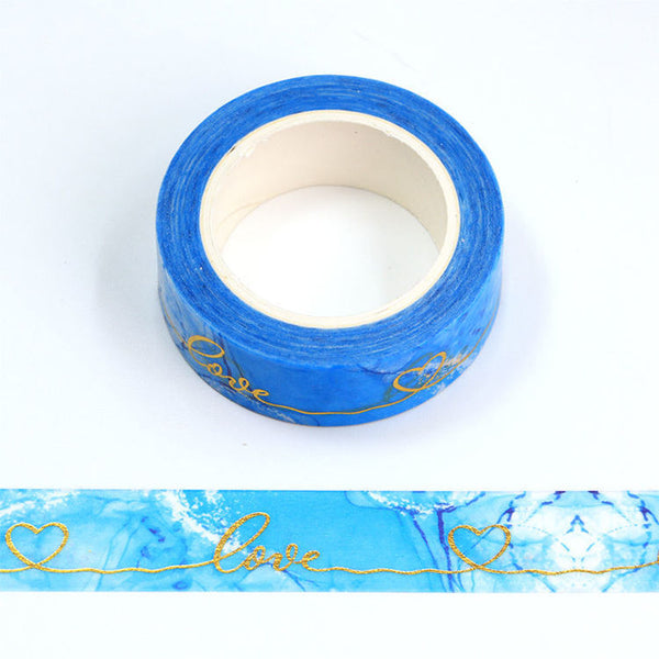 Love Marble Blue Gold Foil Embossed Decorative Tape 15mm x 10m