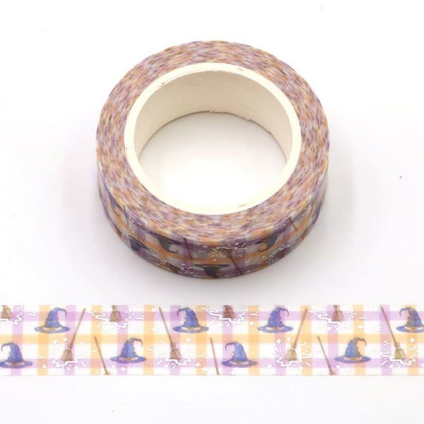 Witch Hat and Broom Purple and Orange Plaid Silver Holographic Embossed Washi Tape