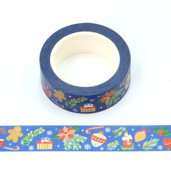 Blue Foil Christmas Pattern Embossed Decorative Tape 15mm x 10m