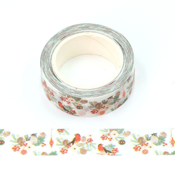 White Foil Robin and Winter Flower Embossed Decorative Tape 15mm x 10m