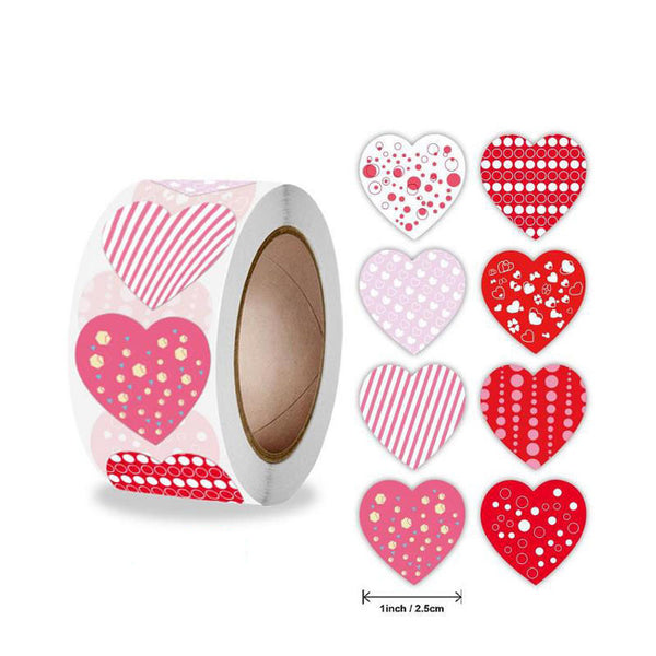 500 PCS Valentine Heart Self Adhesive Sticker Roll (2.5cm) for Scrapbooking and Gifts Includes 8 Different Patterned Hearts