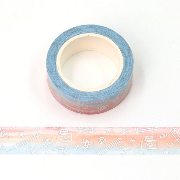 Stationary Pattern Silver Holographic Foil Embossed Colour Fading Washi Tape 15mm x 10m