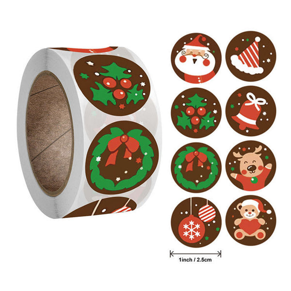 500 PCS Simple Christmas Design Round Brown Self Adhesive Sticker Roll (2.5cm) for Card Making and Scrapbooking Includes 8 Different Designs