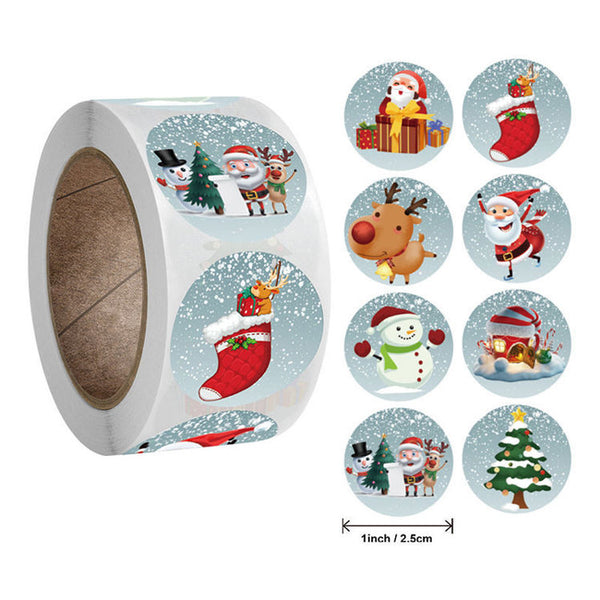 500 PCS Cute Cartoon Christmas Design Round Self Adhesive Sticker Roll (2.5cm) for Card Making and Scrapbooking Includes 8 Different Designs