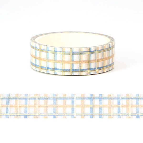 Syntego Blue and Orange Plaid White Foil Washi Tape Decorative Self Adhesive Masking Tape 15mm x 5 Meters