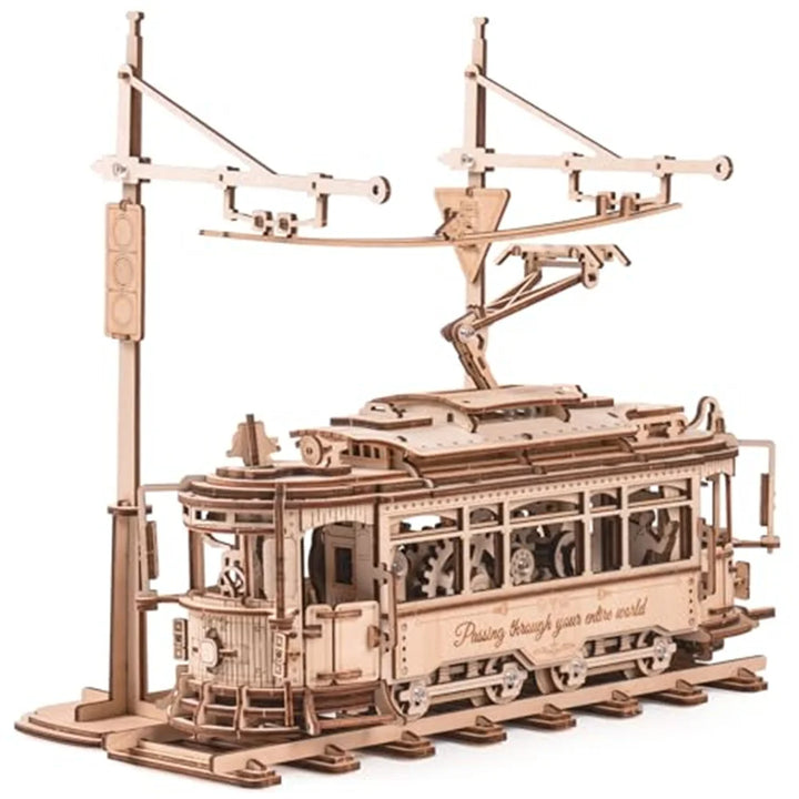 3D Wooden Puzzle Gear Drive Tram Mechanical Model Building Kit DIY Craft Toy Gifts Classic City Tram for Children Teens