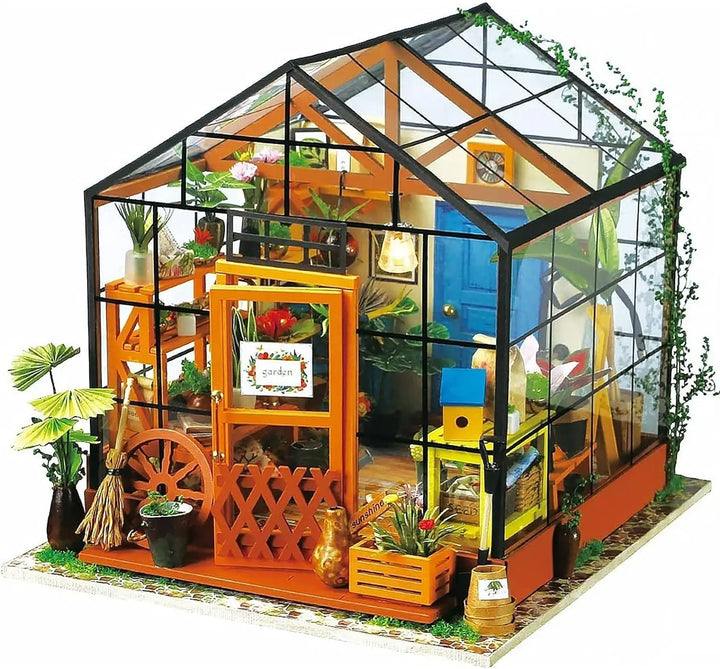 Cathy's Flower House Mini Greenhouse DIY Dollhouse Wooden Miniature Furniture Kit with LED - Ideal Birthday Gift