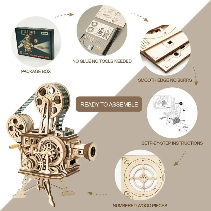 ROKR Classic Film Vitascope 3D Wooden Puzzle Projector Model - Hand Crank Building Toy for Adults and Children, LK601
