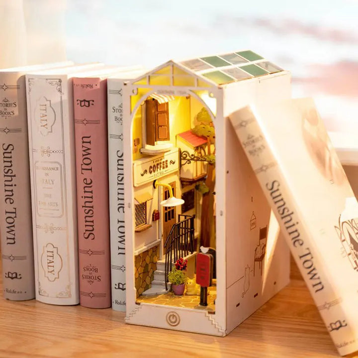 Rolife Book Nook DIY Dollhouse Furniture 4 Kinds Booknook Bookends Model Kit with LED Light for Bookshelf Insert Decor
