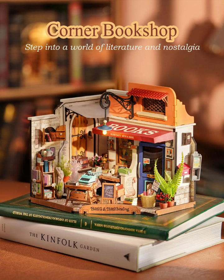 Miniature House Kit DIY Dollhouse Corner Bookstore with LED DIY Dollhouse Craft Kits for Adults Birthday for Women Kids