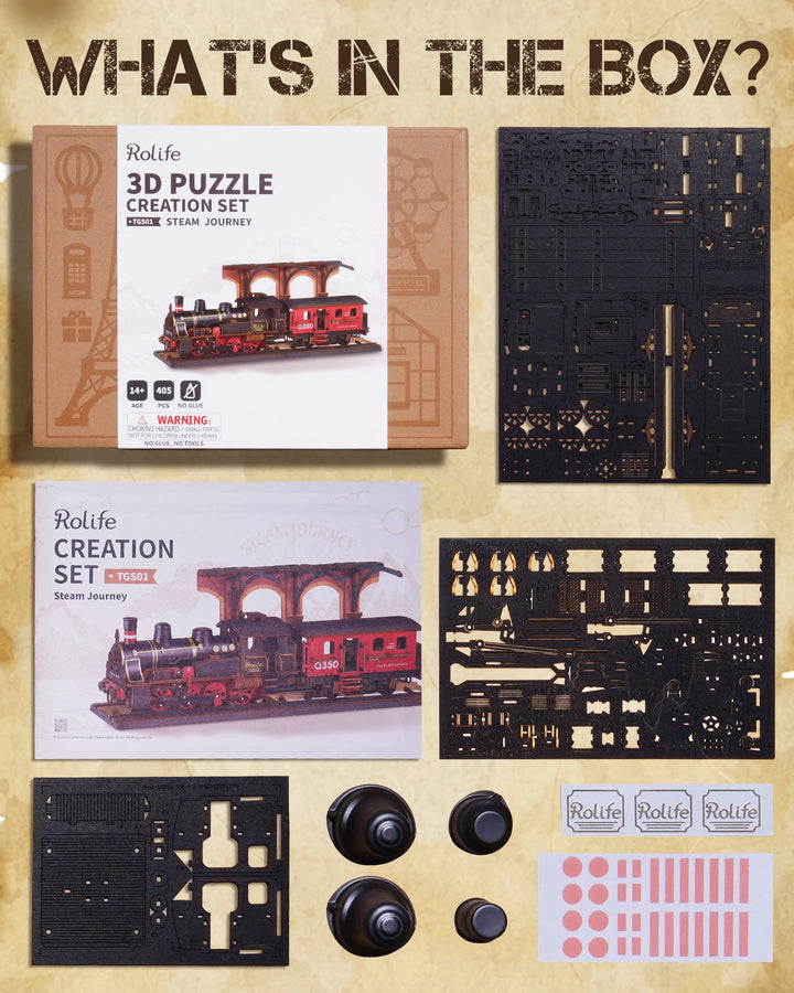 Rolife Steam Journey 3D Wooden Puzzle Traditional Train Model Pre-Colored Design Wood Easy Assemble Toys Gifts TGS01