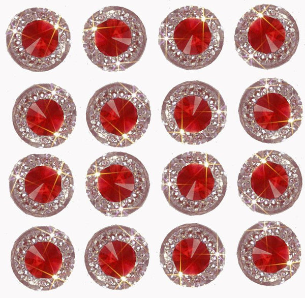 Rimini Self Adhesive Ruby Round Embossed wth Mini Crystals 12 mm.  40 Crystals Per Sheet