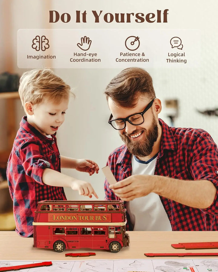 Rolife London Tour Bus 3D Wooden Puzzles Wood Model Toy Car to Build Crafts Collectibles Gifts for Boys Girls
