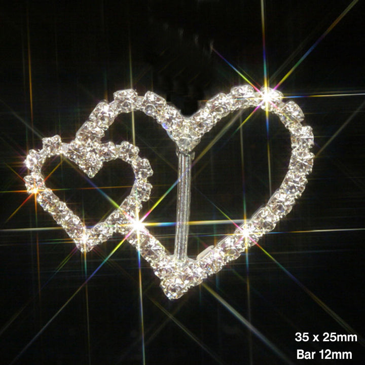 Large & Small Heart Rhinestone Ribbon Slider Buckles 32mmx25mm