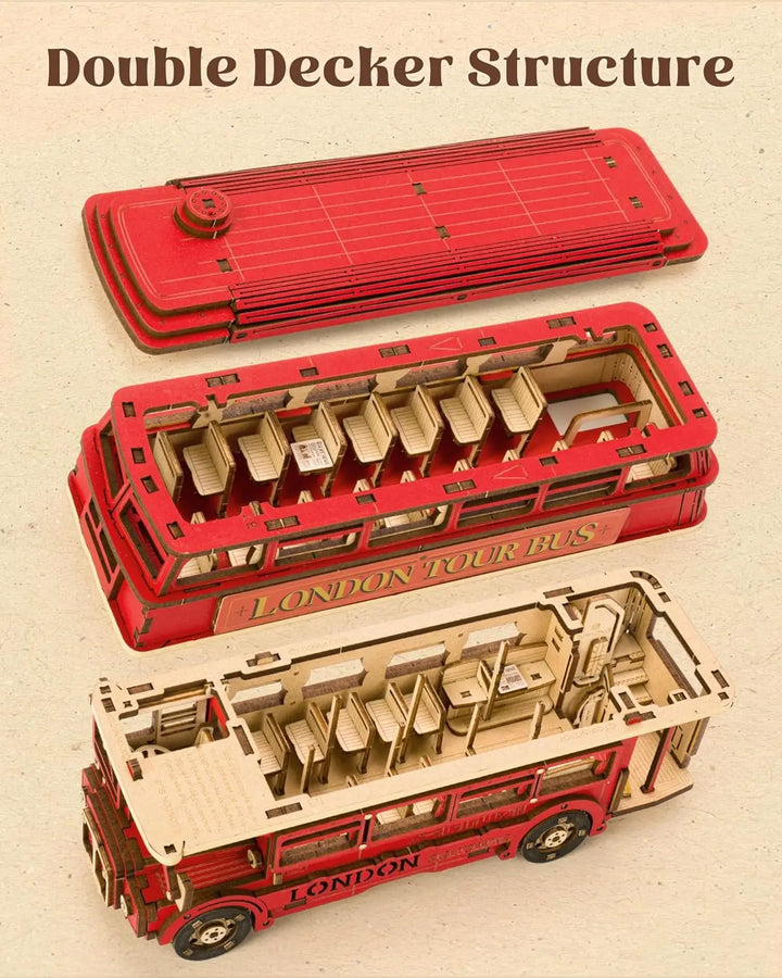 Rolife London Tour Bus 3D Wooden Puzzles Wood Model Toy Car to Build Crafts Collectibles Gifts for Boys Girls