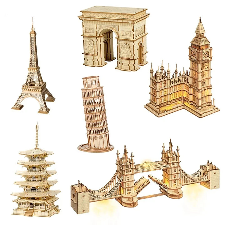 3D Wooden Puzzle Model of Big Ben, Tower Bridge, and Pagoda - Educational Building Toys for Children, Ideal Birthday Gift