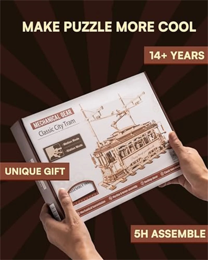3D Wooden Puzzle Gear Drive Tram Mechanical Model Building Kit DIY Craft Toy Gifts Classic City Tram for Children Teens