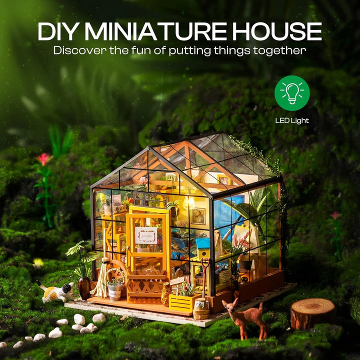 Cathy's Flower House Mini Greenhouse DIY Dollhouse Wooden Miniature Furniture Kit with LED - Ideal Birthday Gift