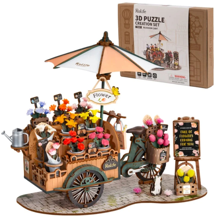 3D Wooden Blossom Cart Puzzle Kit - Decorative Craft Model for Adults and Children