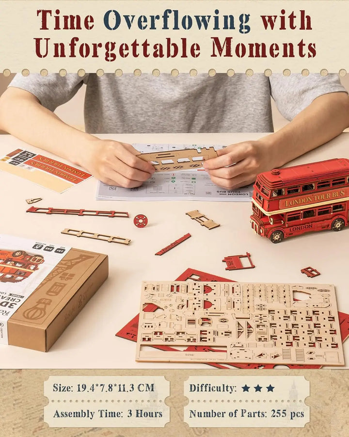 Rolife London Tour Bus 3D Wooden Puzzles Wood Model Toy Car to Build Crafts Collectibles Gifts for Boys Girls