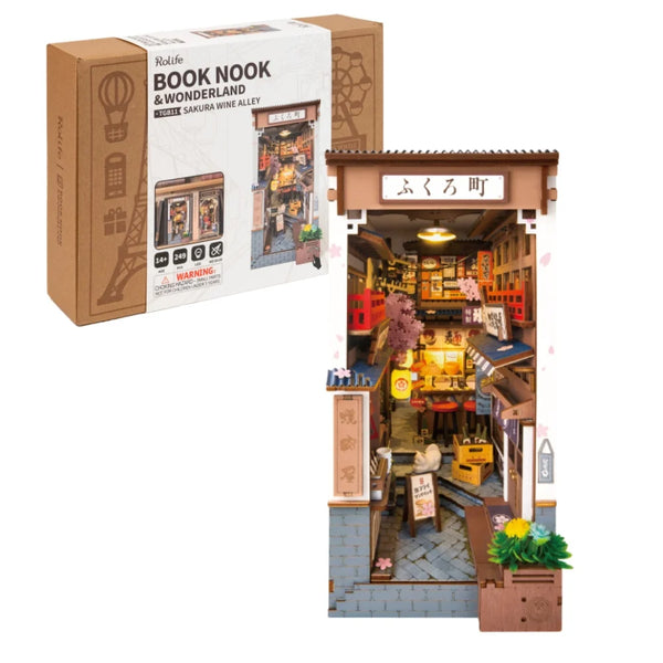 Sakura Wine Alley DIY Booknook with Lights DIY Miniature Dolls House Kit 3D Wooden Puzzle Bookend Bookshelf Decor Gift