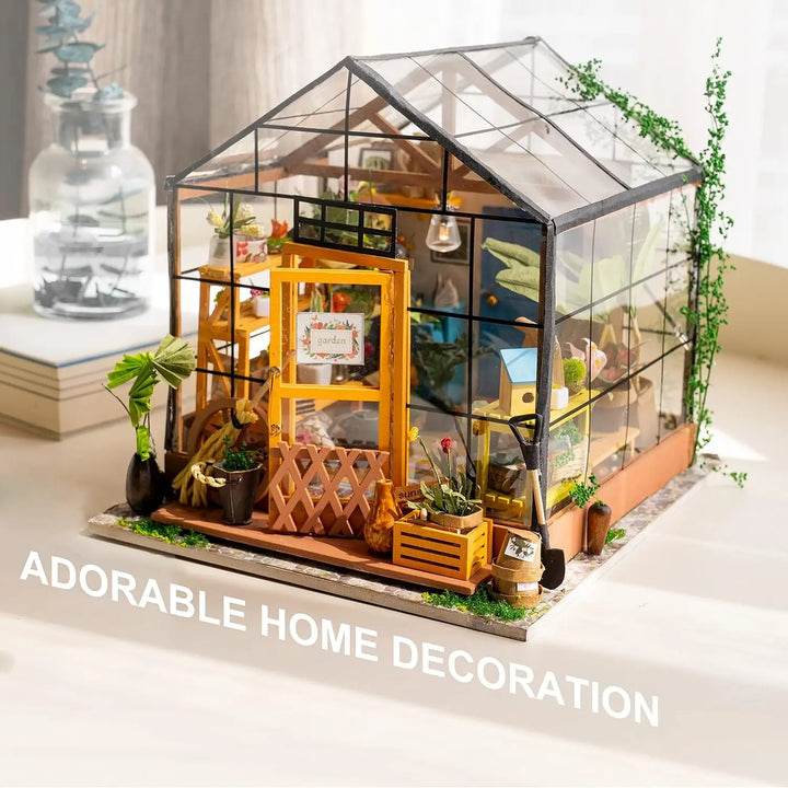 Cathy's Flower House Mini Greenhouse DIY Dollhouse Wooden Miniature Furniture Kit with LED - Ideal Birthday Gift