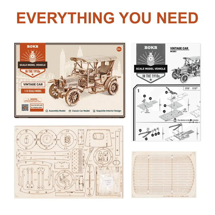Rokr Classic Car 3D Wooden Puzzle Montessori Toys Vintage Car 1:15 Scale Model Building Kits for Kids