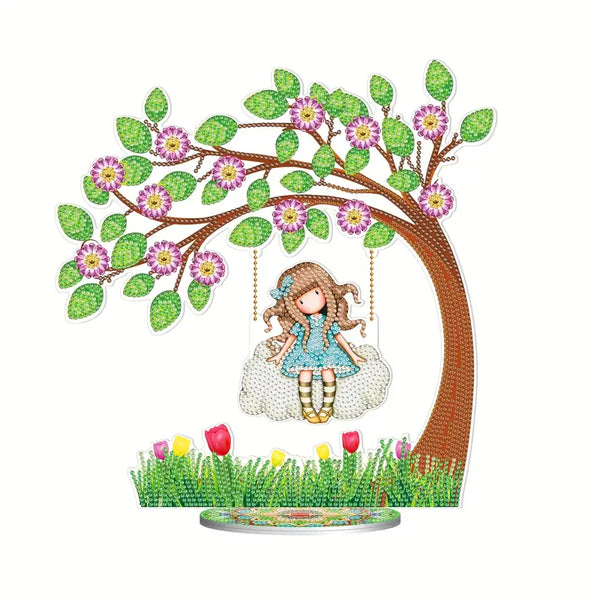 Syntego 5D DIY Diamond Art Painting Cartoon Girl on Swing Table Ornament 29.5cm x 28.5cm Rhinestone by Numbers for Arts/Crafts/Room Decor