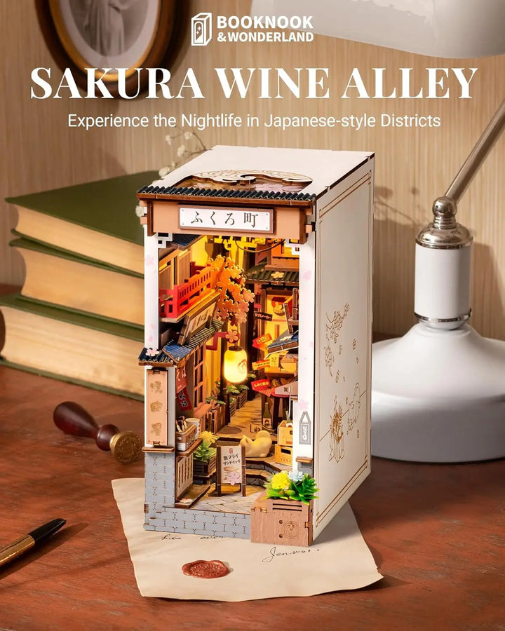 Sakura Wine Alley DIY Booknook with Lights DIY Miniature Dolls House Kit 3D Wooden Puzzle Bookend Bookshelf Decor Gift