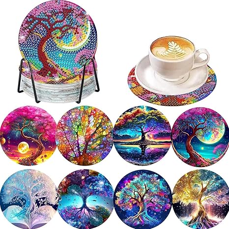 Syntego 8pcs 5D Diamond Art Assorted Fantasy Tree of Life Coasters DIY Colourful Diamond Coasters Kit with Holder