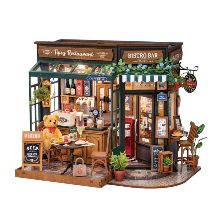 Rolife DIY Miniature House Kit Tipsy Restaurant Desk Bookshelf Decoration for Adults Gift Idea for Girls Boys Kids