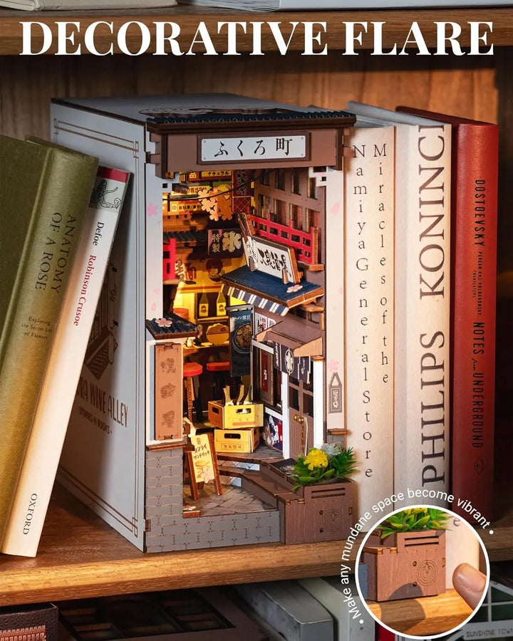 Sakura Wine Alley DIY Booknook with Lights DIY Miniature Dolls House Kit 3D Wooden Puzzle Bookend Bookshelf Decor Gift