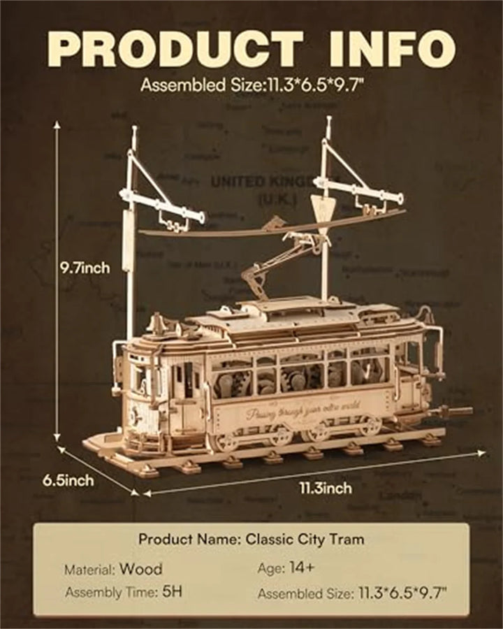 3D Wooden Puzzle Gear Drive Tram Mechanical Model Building Kit DIY Craft Toy Gifts Classic City Tram for Children Teens