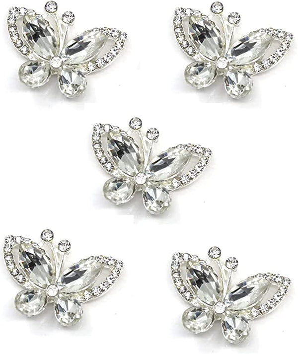 5pcs Crystal Butterfly Flat Back Diamante Embellishment Grade A Rhinestones Sparkly (Clear)