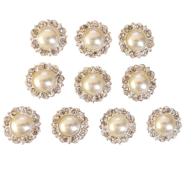 10 Antique Ivory Pearl and Diamante Round Embellishments Grade A Rhinestones