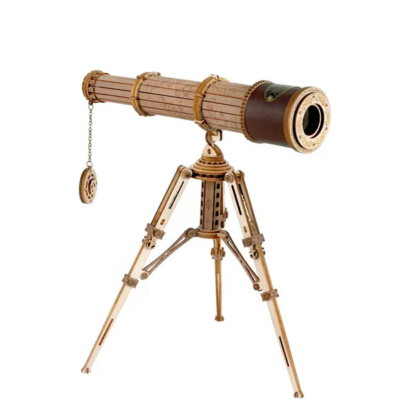 Vintage-style telescope on a tripod with wooden finish and brass accents.