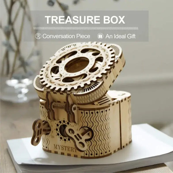 Wooden mechanical treasure box with gears on a white surface, labeled as a conversation piece and ideal gift.