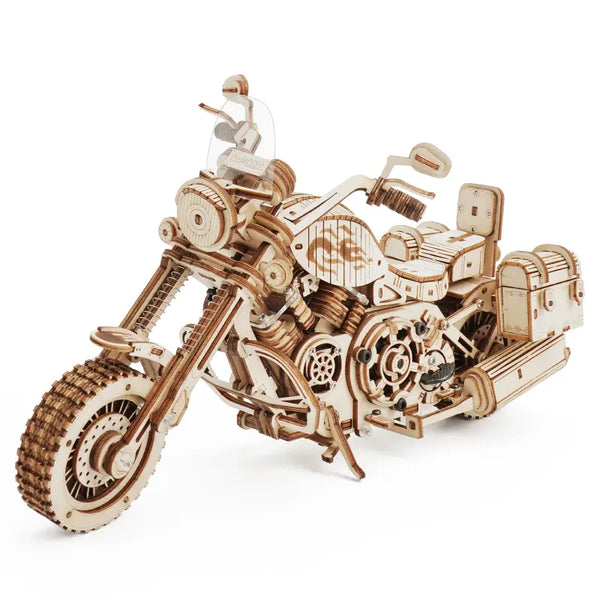 Wooden motorcycle model on a white background