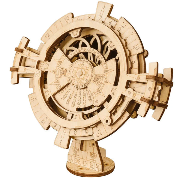 Wooden astrolabe model on a white background