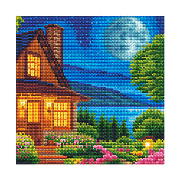 DIY LED Light Up House on the Lakeside Diamond Crystal Embroidery Painting Kit on a Hard Canvas (Approx 30cm x 30cm)