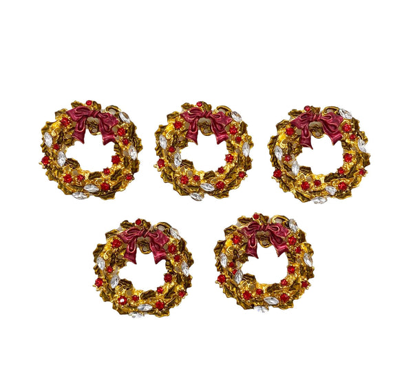 5pcs Gold Wreath Rhinestone Embellishments with Red Bow for Christmas and Scrapbooking