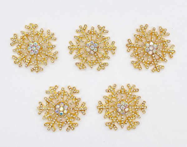 5pcs Gold Diamante Snowflake Embellishments with AB Rhinestone Centre for Christmas and Scrapbooking