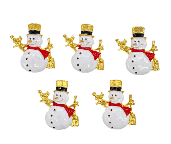 5pcs White Snowman Embellishments with Gold Embossed Rhinestone Details for Christmas